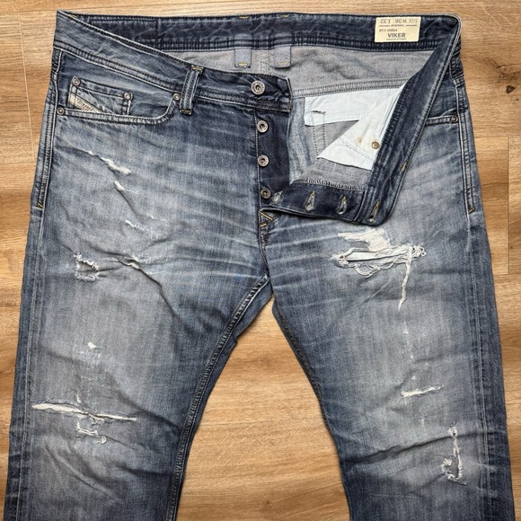 Diesel Jeans Men 38x32 Blue Viker Straight Leg Destroyed Worn Rockstar 0RB24 - Picture 1 of 14